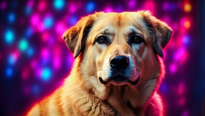 Wall Mural - A portrait photo highlighting an Anatolian Shepherd Dog, with a vibrant backdrop of neon lights illuminating the scene