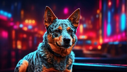 Wall Mural - A portrait photo showcasing an Australian Cattle Dog, with vibrant neon lights illuminating the background