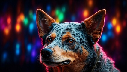 Wall Mural - A portrait photo featuring an Australian Stumpy Tail Cattle Dog, set against a backdrop of neon lights, creating a vibrant and eye-catching composition