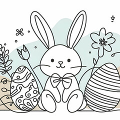 Wall Mural - One continuous line drawing of Easter eggs and rabbit. Greeting banner design with bunny and ears in simple linear style. Editable stroke. Doodle vector illustration