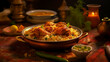 © SNEHIT PHOTO - Illustrative concept of Hyderabadi style chicken biryani dinner, Famous Indian dish, Generative AI image.