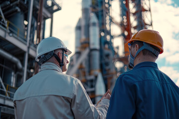 Wall Mural - Close-up Two engineers chatting in front of a spaceship launch