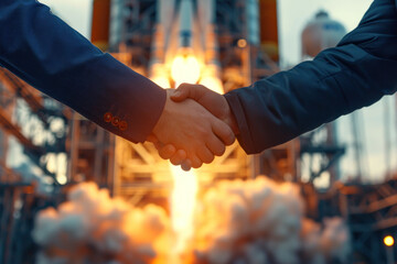 Close-up Two engineers handshake in front of a spaceship launch