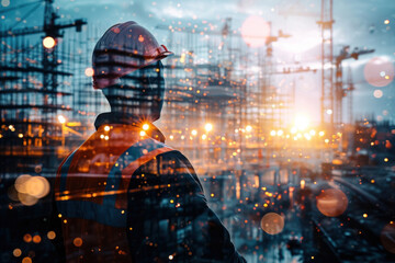 Sticker - Future building construction engineering project concept with double exposure