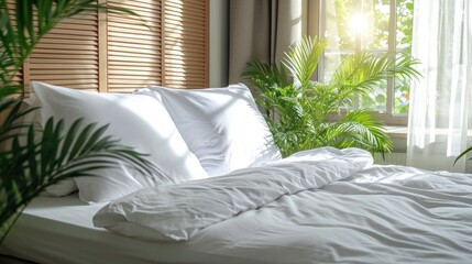 Wall Mural - A close-up of a white bed with pillows and a duvet against a lush green background.