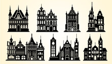 silhouette set of european buildings vector illustration. 
