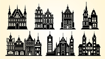 silhouette set of european buildings vector illustration. 