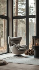 Wall Mural - Grey chair by fireplace against a window. Modern living room with Scandinavian interior design.