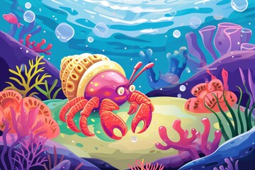 hermit crab with beautiful underwater world. Vector illustration cartoon style