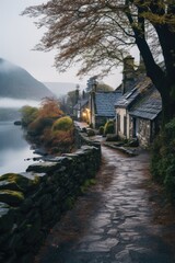 Canvas Print - A path leads to a small cottage by the water. Generative AI.