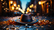 Elegant Fedora on Cobblestone: Post-Celebration Elegance - Golden Confetti, Magical Bokeh Lights - Perfect for Fashion, Event Services, Luxury Parties - Ai Generated