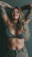 Happy tattooed woman Nordic influencers Long blonde hair, fat body