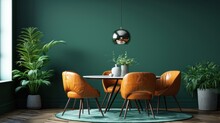 Orange Leather Chairs At Round Dining Table Against Green Wall.