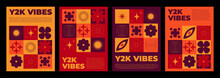 Y2k Groovy Red And Orange Posters. Vector Realistic Illustration Of Nightclub Party Flyers, Flower, Star, Eye Symbols On Yellow Background, Retrowave Vibe Banners, Creative Geometric Graphic Design