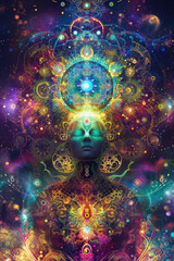 Wall Mural - A digital artwork of a meditative figure with cosmic and spiritual symbols.