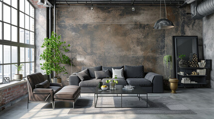 Wall Mural - Modern industrial living room interior. Ai Generative