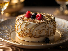  A Fruit And Chocolate Cake With Golden Fractal Patterns