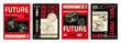 Poster design in y2k aesthetic with abstract wireframe objects on black and red background. Vector banner template set in trendy retro 2000s style with grid shapes and typography. Brutal cover layout.