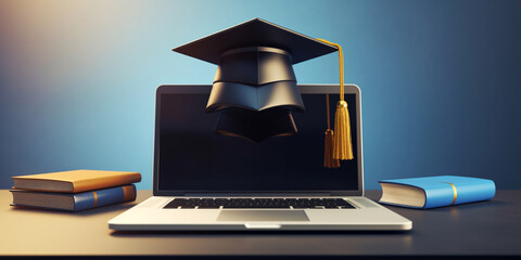 Laptop with graduation hat, Black graduation cap with yellow tassels put on laptop, Black Keyboard With A Graduation Hat Background. 