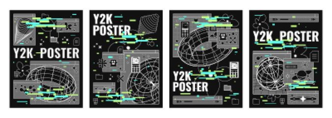 Poster - Trendy y2k style poster design template with abstract grid geometric shapes and glitch effect background. Vector set of 00s aesthetic covers with wireframe forms, objects and stickers on black.