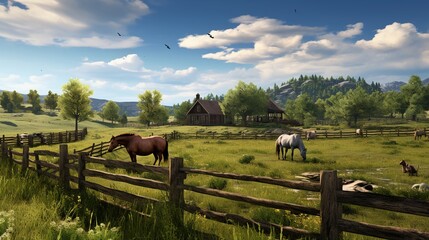 Wall Mural - Horses grazing in a meadow on a sunny day with a painting style view.