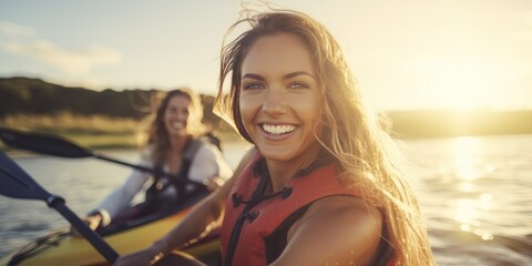 Smiling young woman kayaking on a lake. Happy young woman canoeing in a lake on a summer day. Two smiling friends kayaking on a lake together during summer break. Having fun on a kayak