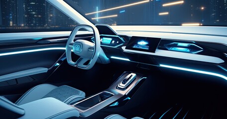 Canvas Print - The dashboard of a futuristic car adorned with holographic controls and sleek digital displays.