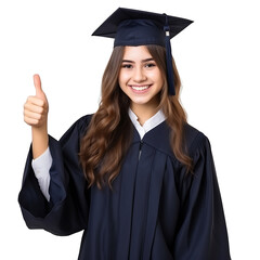 Wall Mural - female graduate holding diploma showing thumbs up