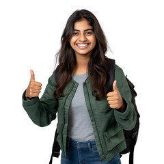 Wall Mural - Indian female college student giving thumbs up and smiling happily on transparent background PNG