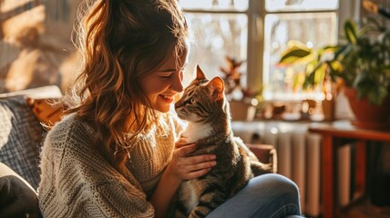 Wall Mural - happy people at home with favorite pet , love and friendship of human and animal pragma