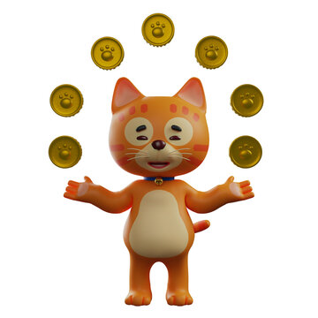    3D Illustration. 3D Cartoon Illustration of a Cheerful Cat juggling coins. has a cute mustache. showing a cute smiling expression. 3D Cartoon Character