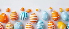 A Vibrant Collection Of Colorful Orange And Blue Painted Striped Easter Eggs, Ai Generated.