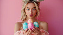 Young Woman Holding A Basket With Easter Eggs