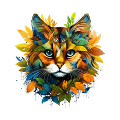 Fototapete - Design of cat head with leaves on a clean background. Pet. Animals. Illustration, Generative AI.