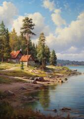 Wall Mural - Traditional sweden house in sweden landscape. Generative ai