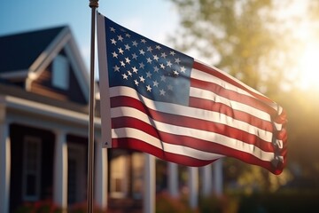 Wall Mural - USA flag on corner of  house. Symbol of patriotism. Building with waving flag. Generative ai