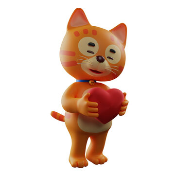    3D illustration. Romantic Cat 3D Character Design with a heart with eyes closed. has a cute blue necklace. 3D Cartoon Character