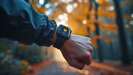 A man is running in the park and wearing a smart watch with a heart rate monitor, smart device concept