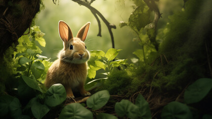 Wall Mural - A little rabbit is walking in the forest.