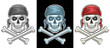 Vector Pirate Skull Set, collection of decorative badges with illustration of various skulls in bandana with crossbones, retro cartoon design skulls for motorbike decor on black and white background