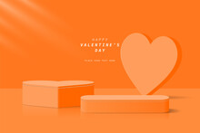 Realistic 3D Orange Heart Cylinder Podium And Round Pedestal With Heart Shape Background. Minimal Scene For Product Presentation. 3D Vector Stage For Showcase. Valentine's Day Promotion Design.