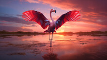 Flamboyant Flamingo Spreading Its Wings Against A Vibrant Sunset Background