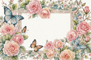  Pastel watercolour frame soft blooming roses vine butterflies