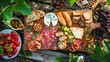 Abundant Feast, Various Foods Piled on a Wooden Table