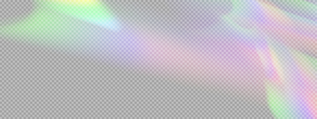 Poster - Rainbow light prism effect, transparent background. Crystalline glare leakage reflection. Abstract blurred rainbow light background overlay effect.	