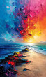 Colorful abstract painting on the seashore. Nature composition.