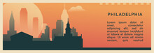 Philadelphia City Brutalism Vector Banner With Skyline, Cityscape. USA Pennsylvania State Retro Horizontal Illustration. United States Of America Travel Layout For Web Presentation, Header, Footer