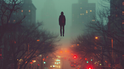 Poster - An artistic photograph of a person levitating above an urban street, with the cityscape in the background,