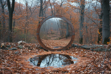 Poster - A scene where a mirror in a forest reflects a different season, contrasting the real surroundings,