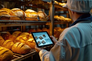 Poster - a man is seen looking at a tablet device while inside a bakery. this image can be used to represent 